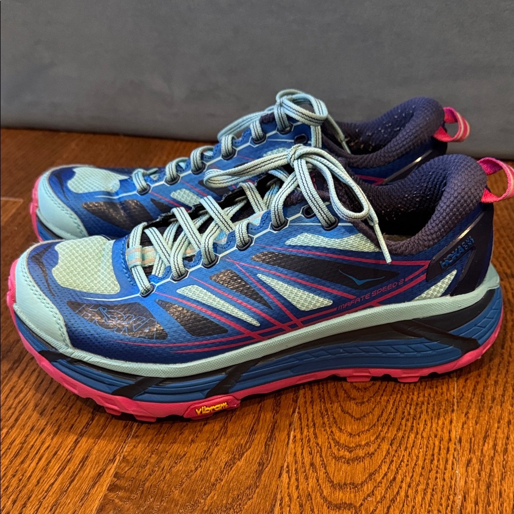 Hoka One One Vibrant Blue and Pink Athletic Shoes - Picture 3 of 13